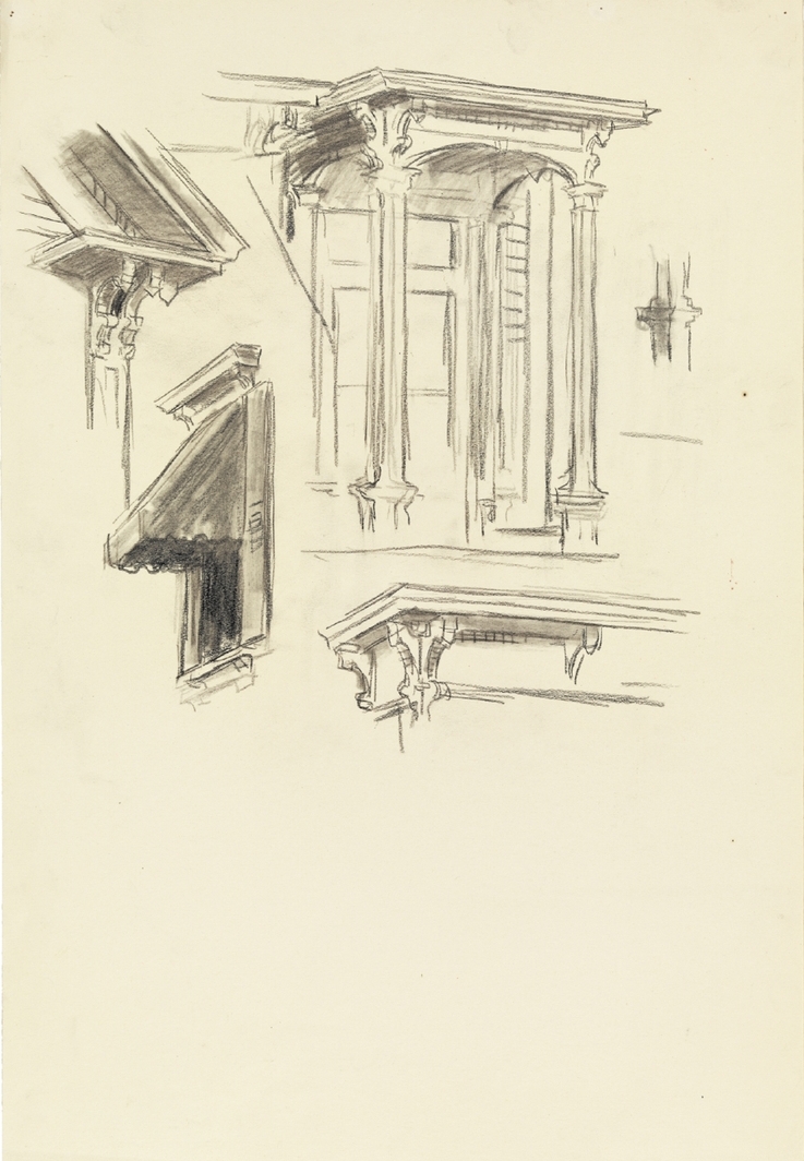  Study for  Rooms for Tourists , 1945. Fabricated chalk on paper, 22 1/8 × 15 1/16 in. (56.2 × 38.3 cm). Whitney Museum of American Art, New York 