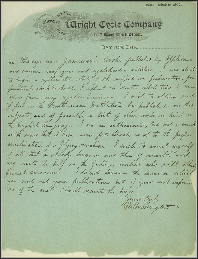 Wilbur Wright's letter to Smithsonian, May 30, 1899, pg 2