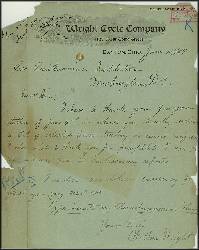 Wilbur Wright's thank you letter to Smithsonian, June 14, 1899