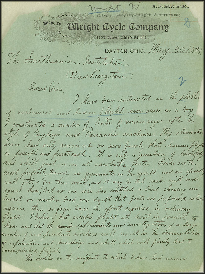 Wilbur Wright's letter to Smithsonian, May 30, 1899, pg 1