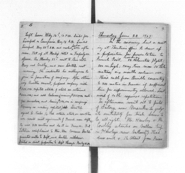 Wilbur Wright's Notebook, 1907, pg 1