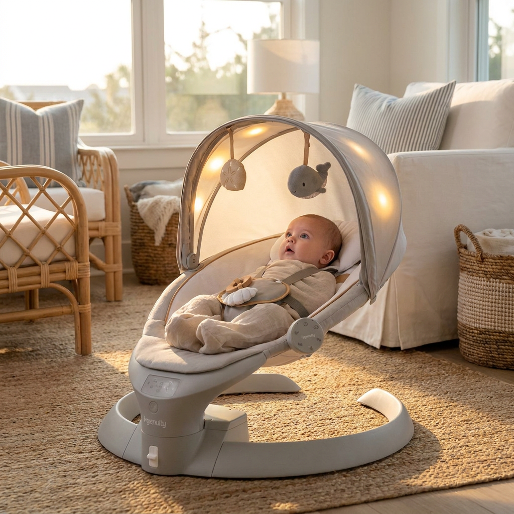 show @1 swing in a coastal Serena and Lily inspired home with a baby in it mesmerized by the lights, professional photography with soft golden hour lighting at 5 pm, shallow depth of field, natural light, high deta.png