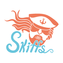 An illustrated image of a ship captain with flowing hair, beard and script lettering that spells ‘Skiffs’.