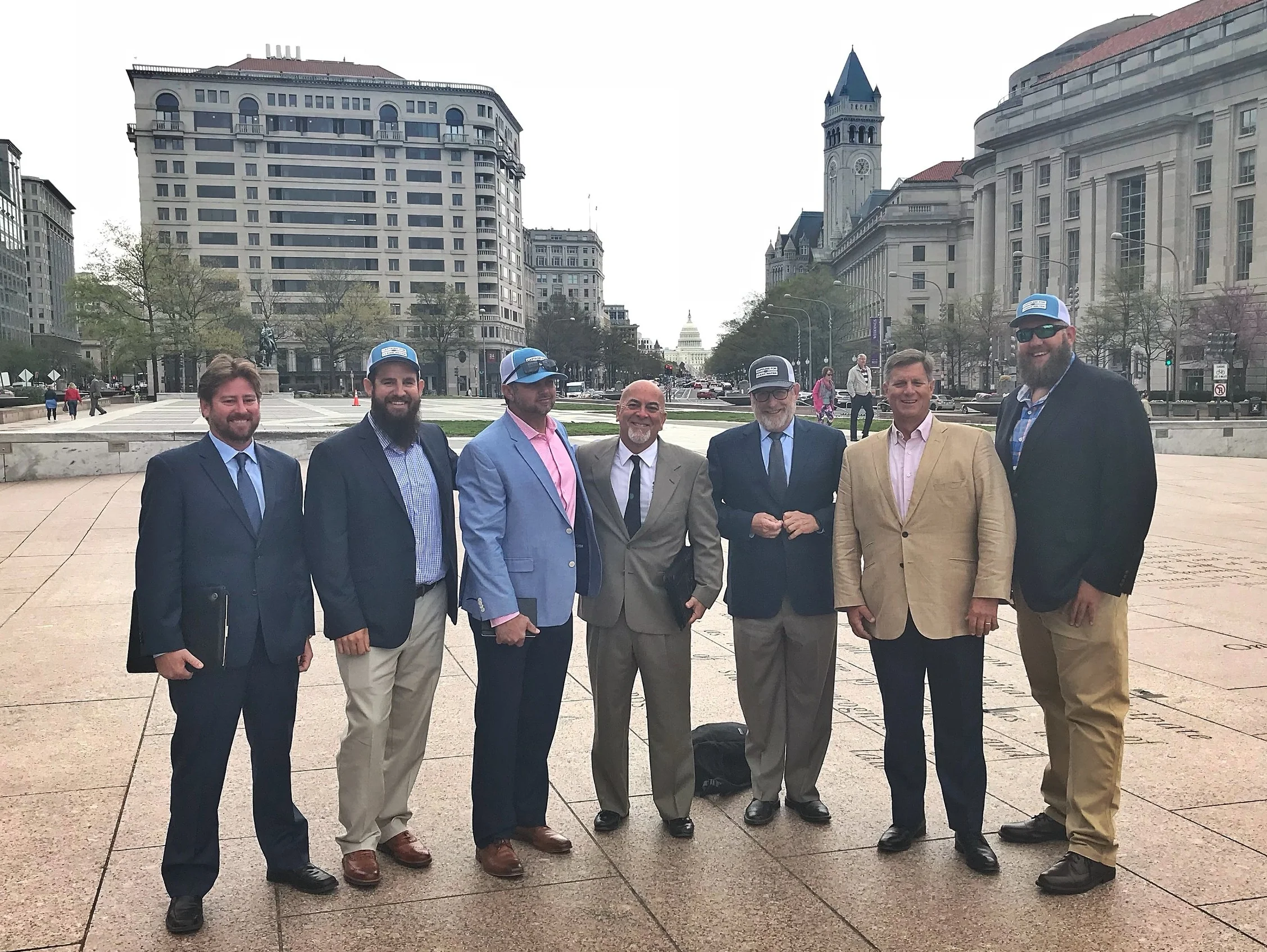 FROM LEFT: MICHAEL LONGMAN OF SEADEK, CAPT DANIEL ANDREWS, CAPT CHRIS WITTMAN, CHUCK YATES OF SEADEK, BOB BROOKS, CHRIS PETERSON OF HELLS BAY BOATWORKS AND CAPT JOSH GREER OF WEST WALL OUTFITTERS.