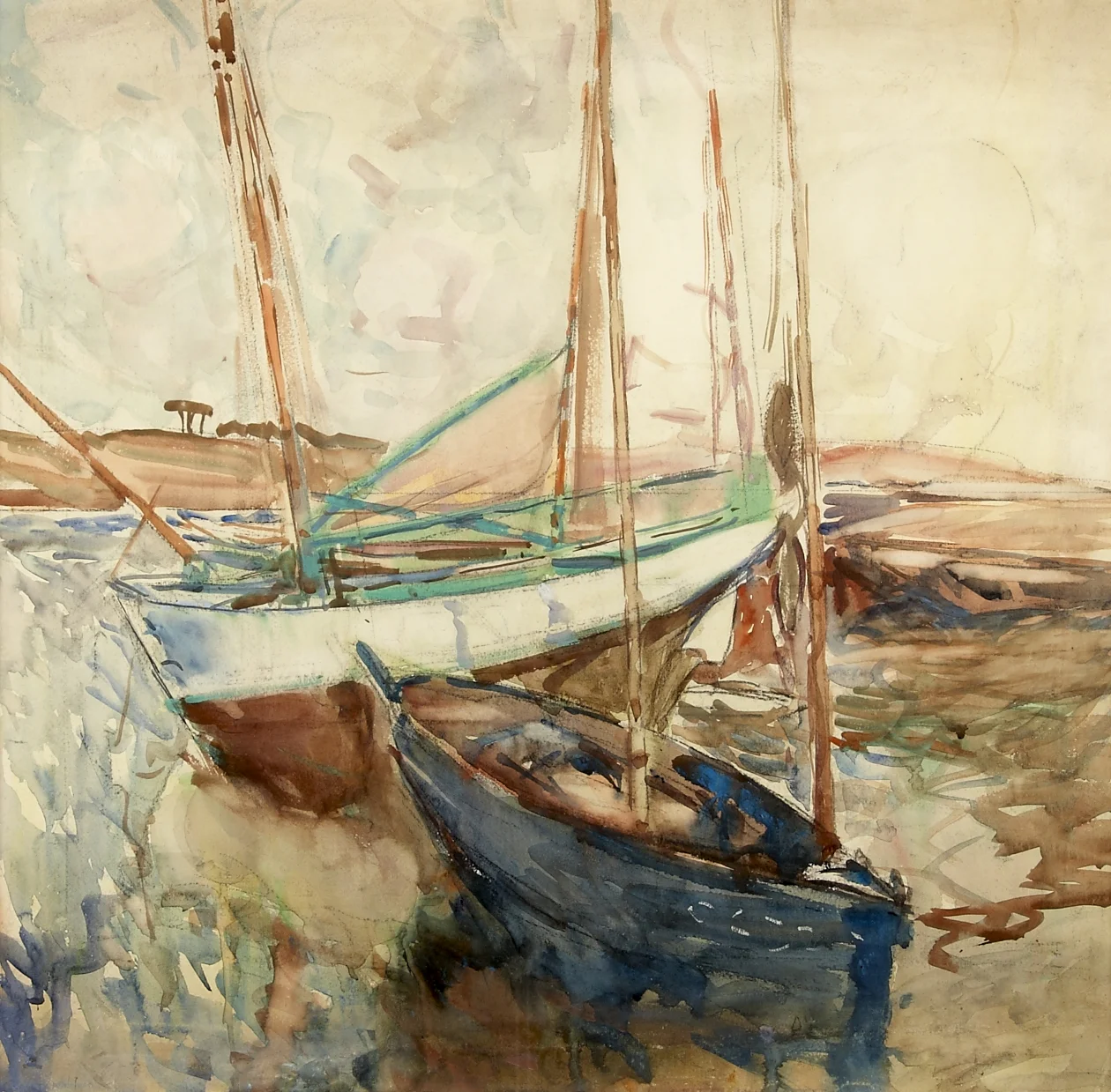 Tunny Boats in the Harbour, Concarneau c.1910 Black chalk and watercolour on paper, 59 x 60 cm