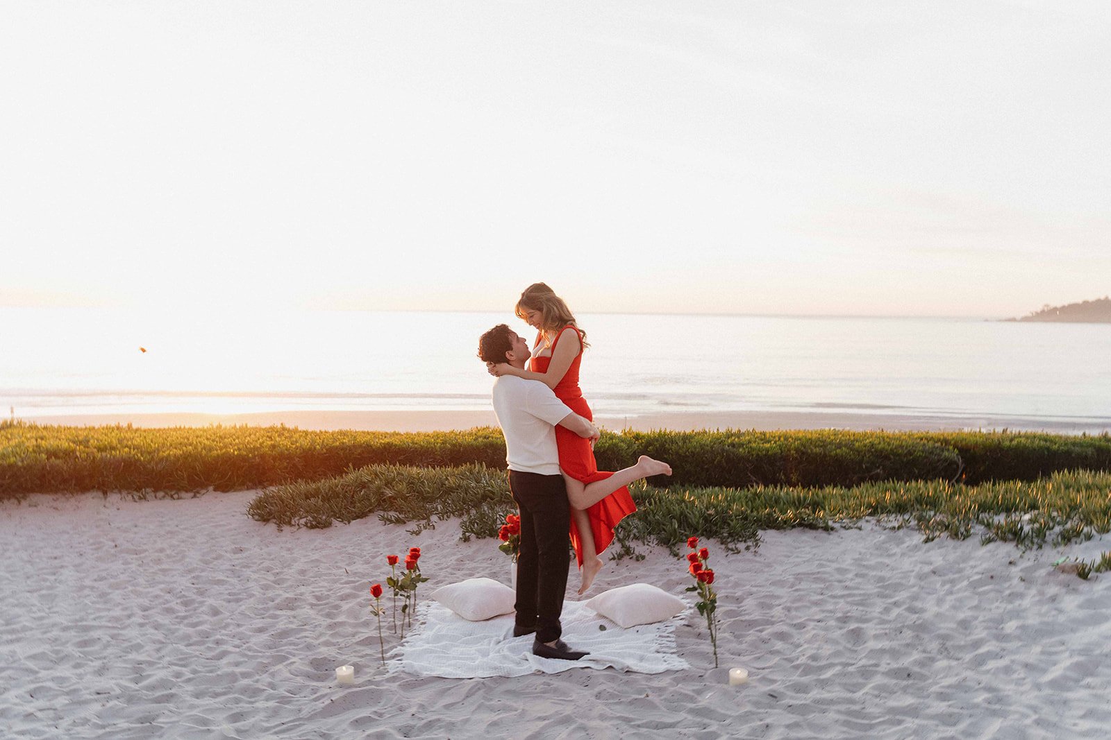 carmel beach proposal red roses at sunset