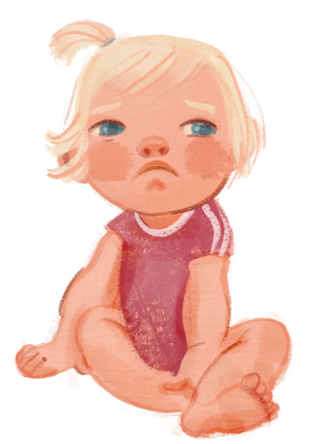 Cute watercolor illustration of a sad baby with pale blond hair, blue eyes, and wearing a pink sleeveless outfit, sitting with legs crossed and looking upward.