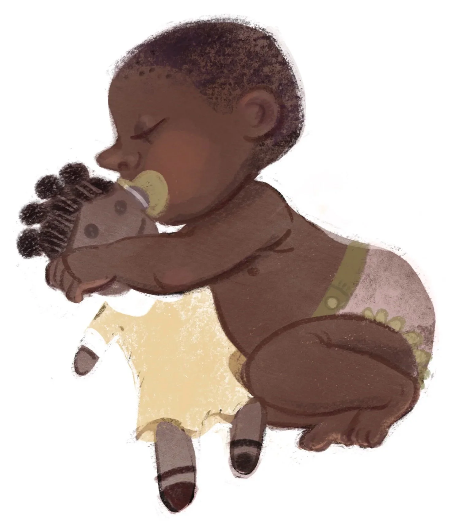 Illustration of a baby with dark skin, squatting while breastfeeding a doll, wearing a yellow diaper with small green decorations.