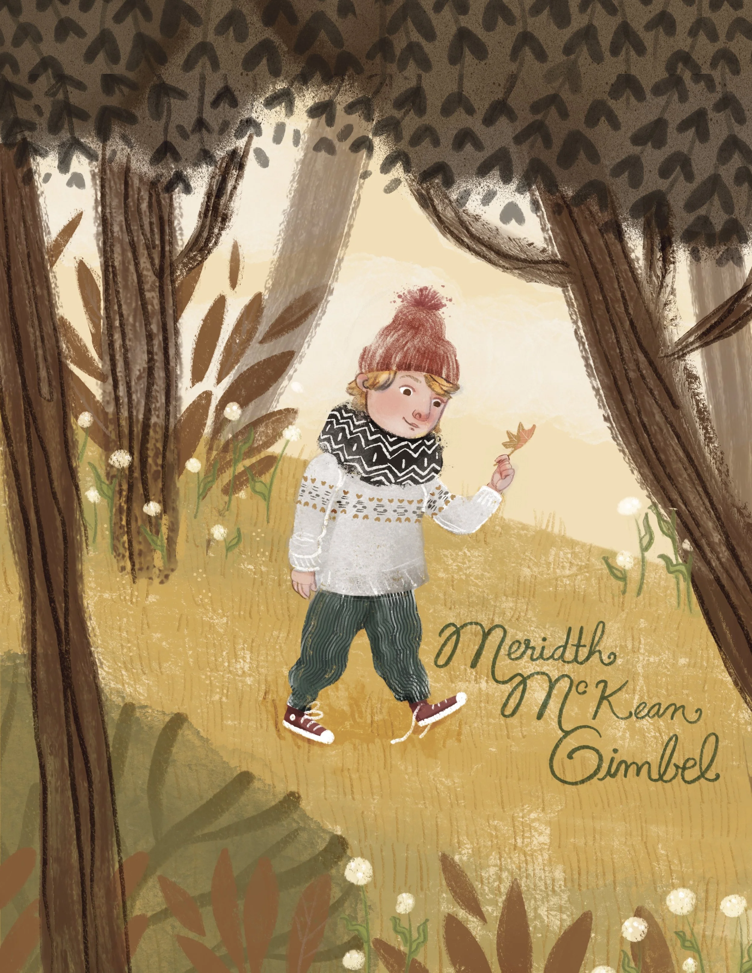 A young boy with blonde hair, wearing a red knit hat, a patterned scarf, a white sweater, green pants, and red sneakers, walking in a forest holding a leaf.