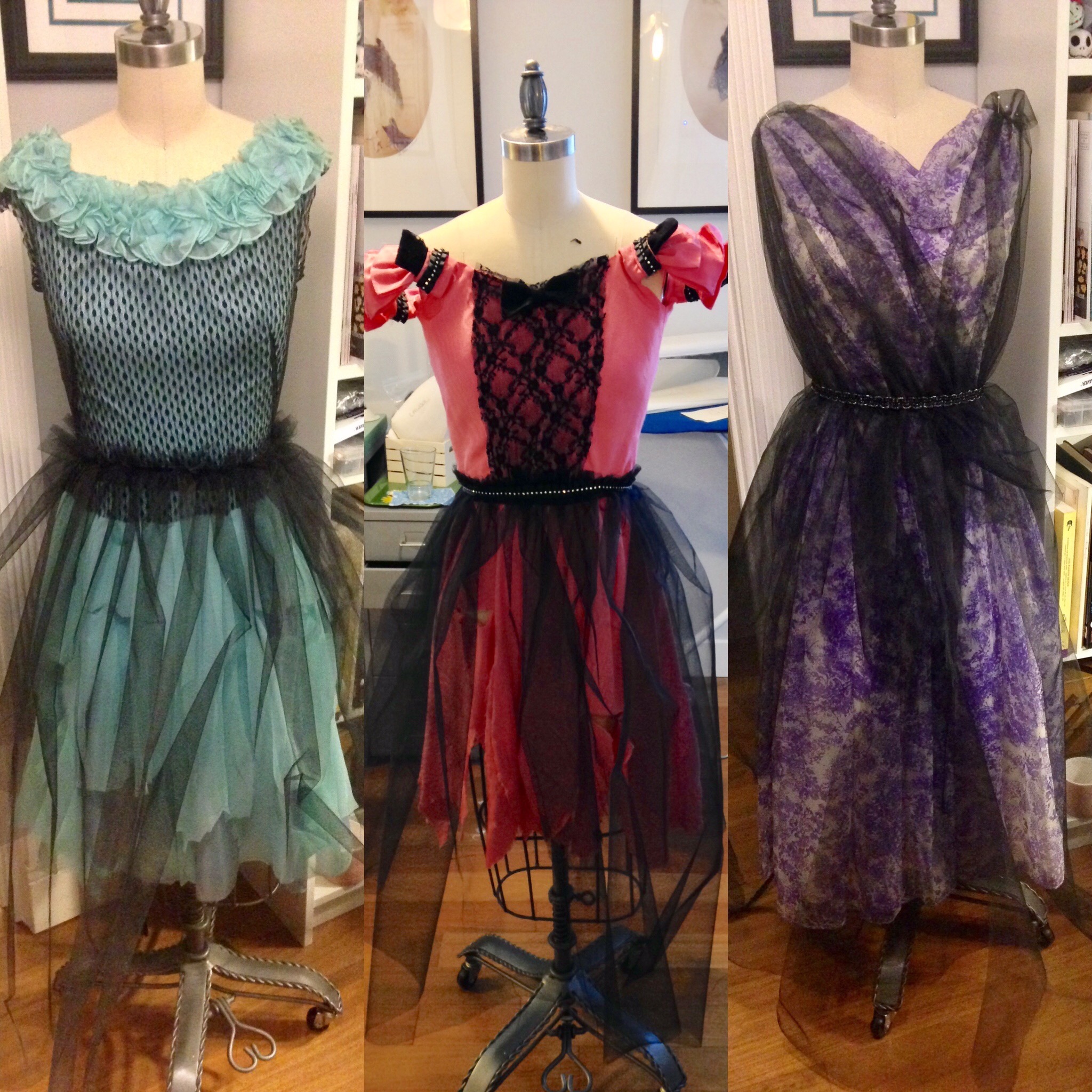 The dresses in natural light, before they were sent to the ager/dyer 