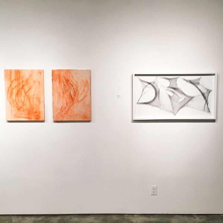   Left to right: Jillian Clark - Yosmite's Machinery and Threads Under Imposter Twins (diptych) and Gabrielle Duggan - Abstract 2  