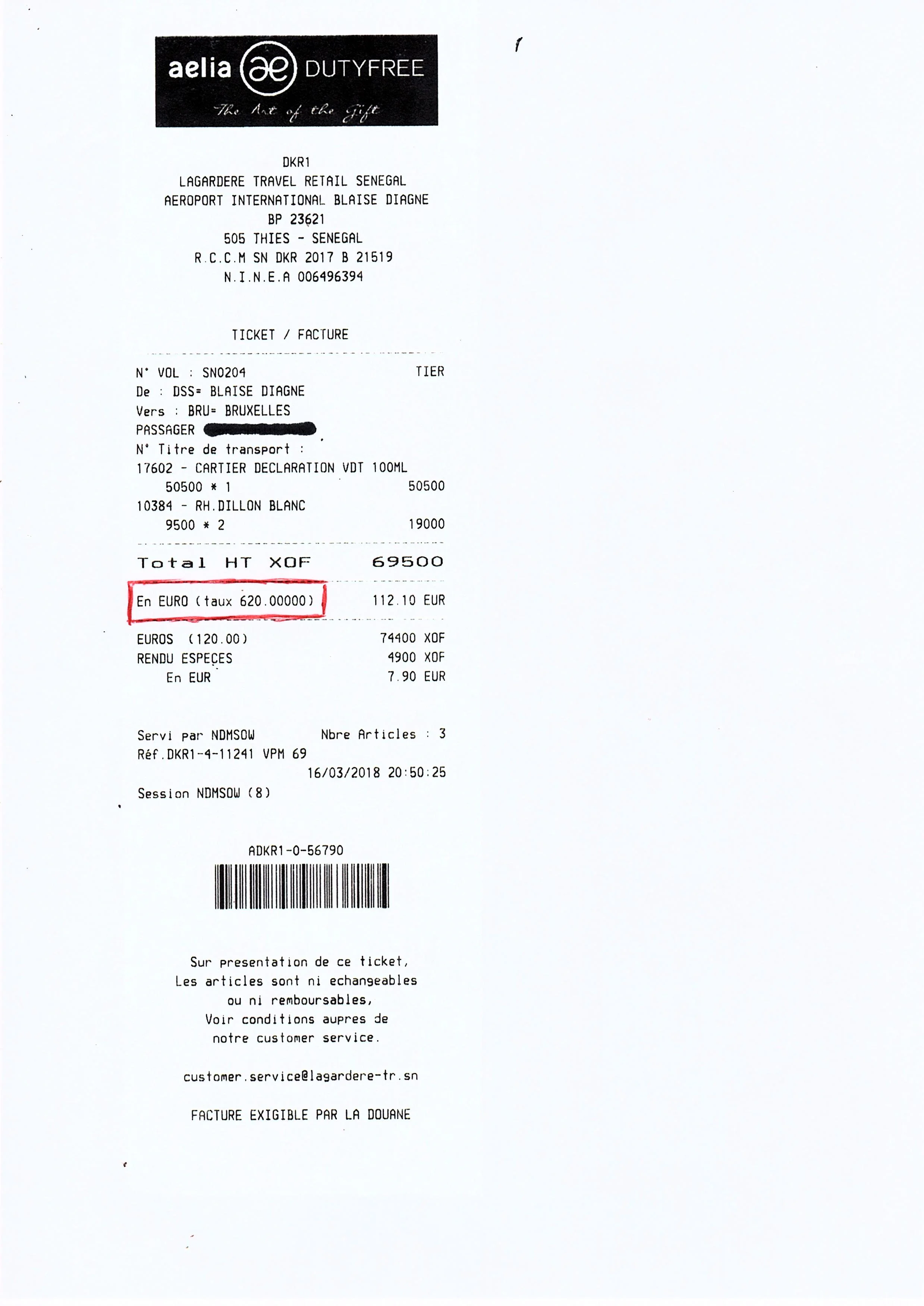 AIBD, boutique de ventes sous douane: pour 1 euro, vous percevez 620 francs cfa au lieu de 655.957