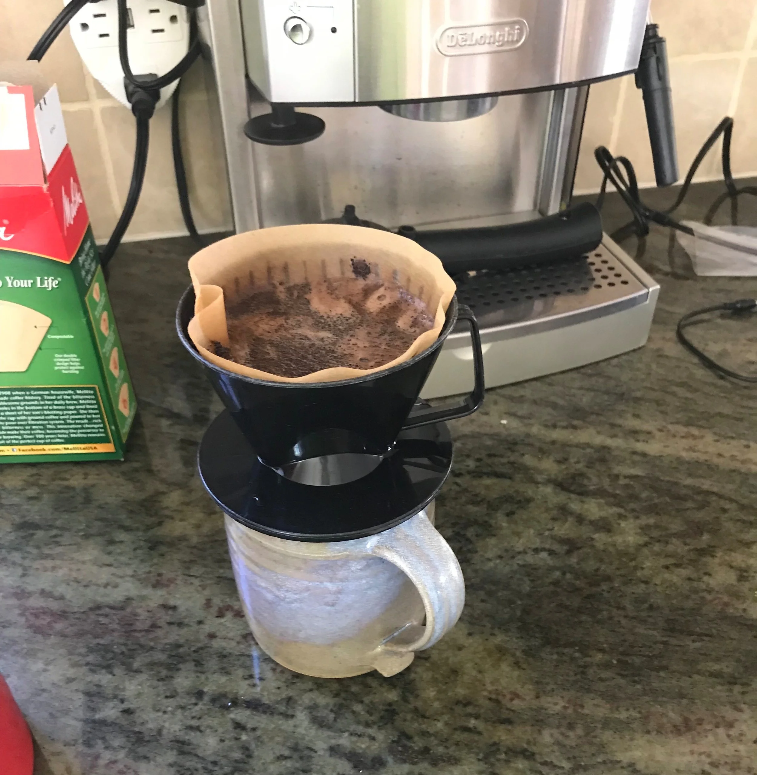 The daily standby. A single-cup cone filter over a handmade mug from another precious friend. Be still, my heart. Note the Delonghi espresso machine in the background, another gift from more precious friends. It seems my friends know me pretty well.