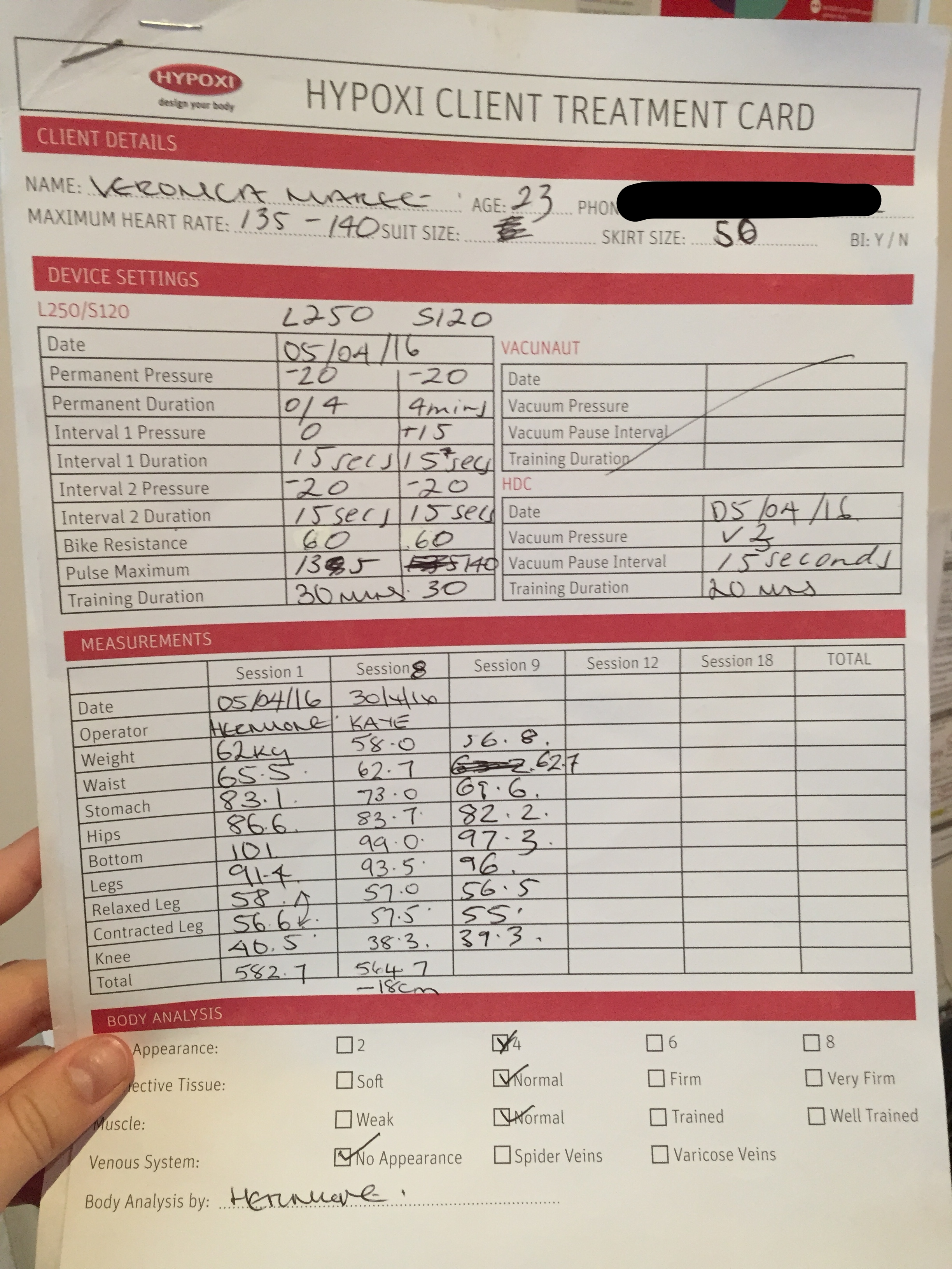 My before and after measurements. My legs gained a bit of muscle from my non Hypoxi days routine 9km walks. 