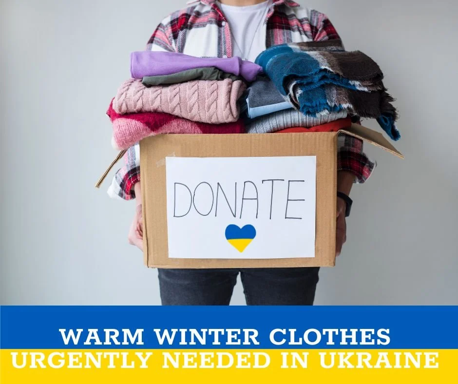 Winter clothing urgently needed for Ukraine. As winter sets in, temperatures in Ukraine fall below zero and many people, without electricity, heating, or glass in their windows, are desperate for warm clothing. Rotarians in Godalming are collecting all types - coats, jumpers, boots, old ski wear, unused thermal underwear, gloves, socks, hats, sleeping bags. Can you help?  Please bring your donations in tied bags to the Chapel at Eashing Cemetery between 11am and 4 pm on Sat 26 and Sun 27 November.  If you are willing to join us and help with sorting, or want more information, please contact: Rotarian Ian Coult, phone 07771920302 or email  ian@coults.co.uk