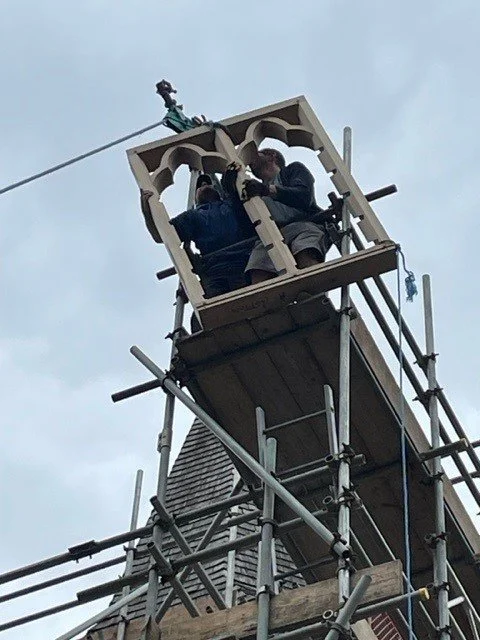 One of the new oak windows being installed in the Brighton Road Tower this week. The windows have been beautifully made locally in Catteshall Lane.  The appeal, and Ben’s sponsored walk, towards the repair cost has so far raised more than £30,000.  Phenomenal work everyone!