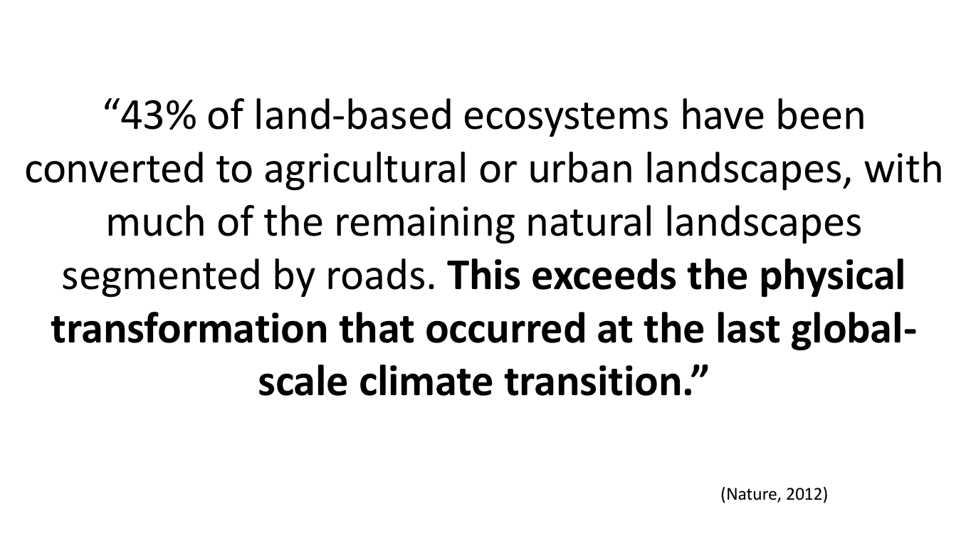 This 2012 study shows that humanity has altered more wild lands than when Earth transitioned out of the last ice age, about 10,000 BC. 