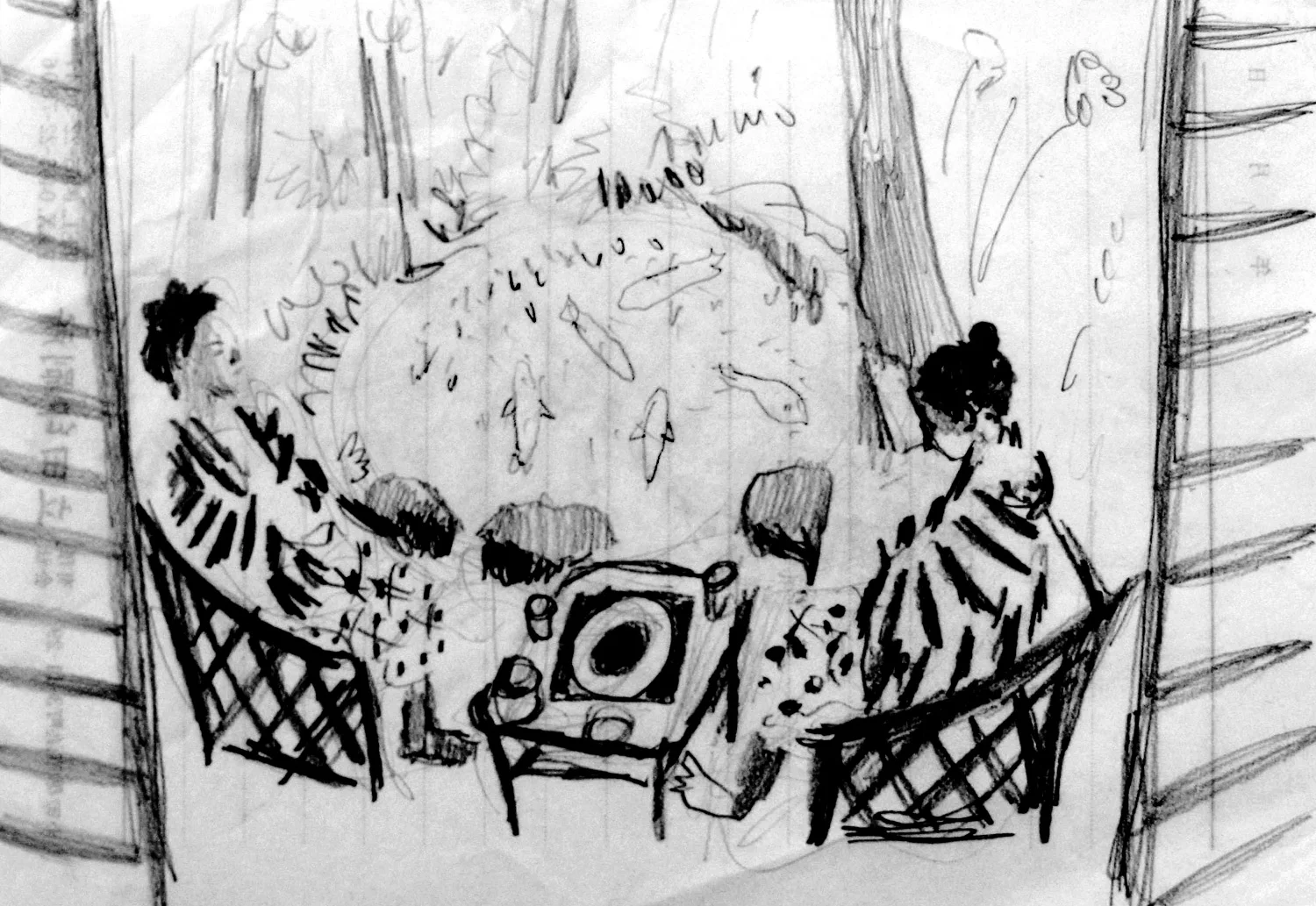 Sketch in a Ryoukan (room with koi pond)