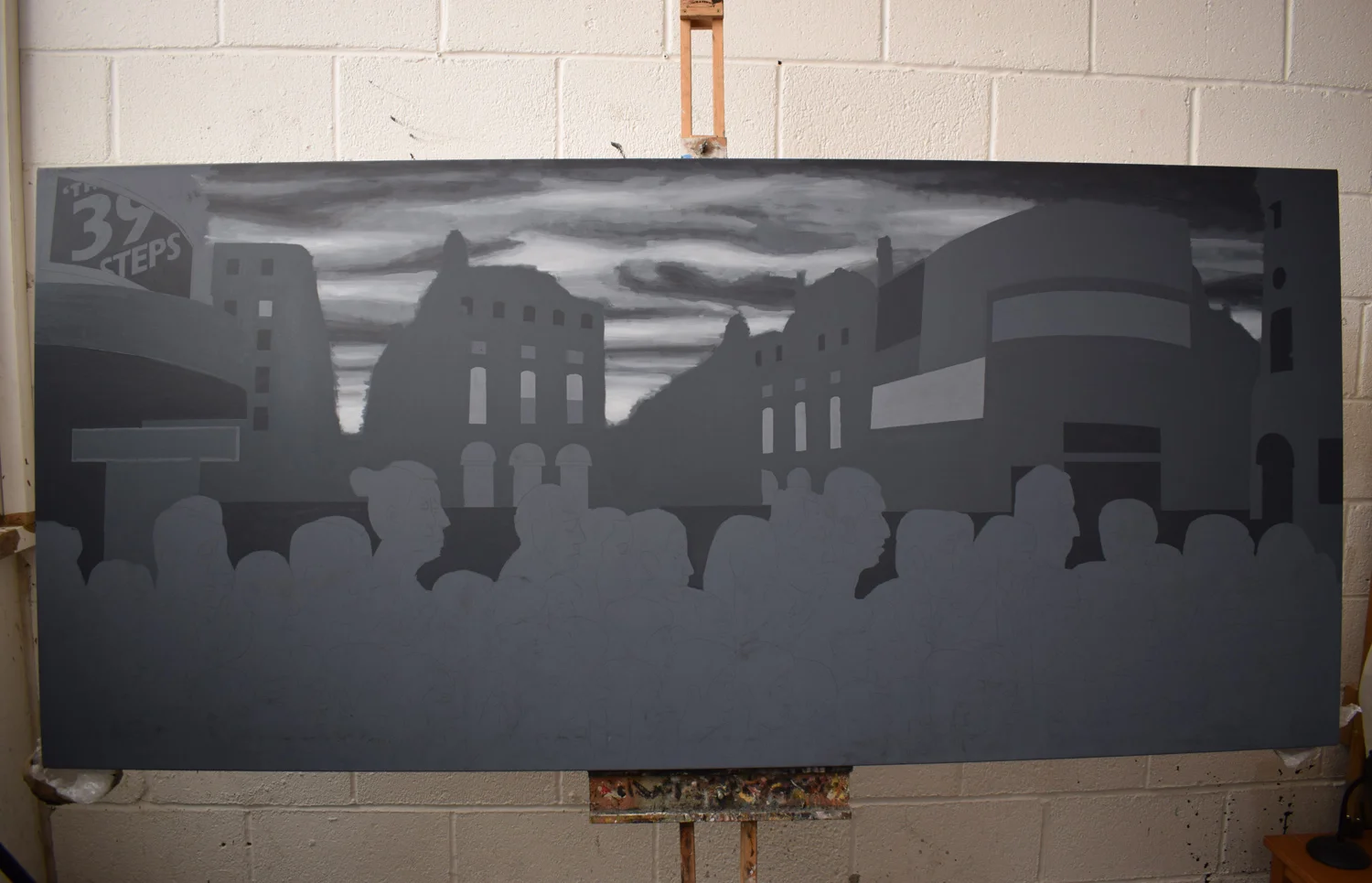 Piccadilly Circus London buildings can be seen painted in the background, blocked in very quickly. In the foreground a space has been left for the city crowd, which will eventually be about 70 heads (each painted individually from models visiting the studio).