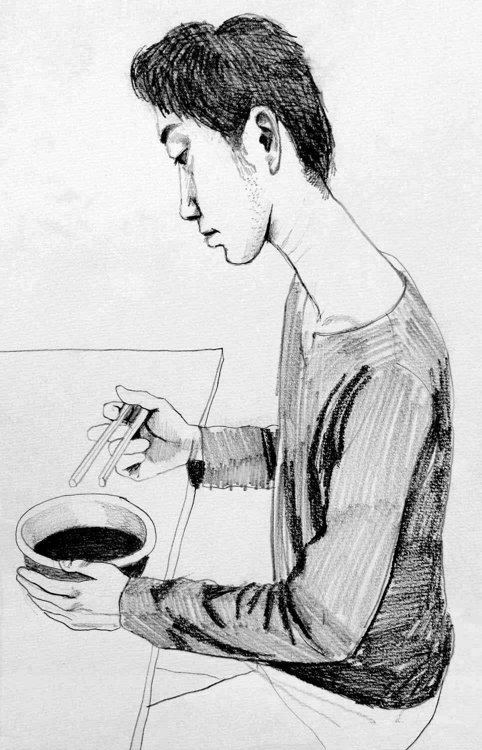 Sketch of a man eating noodles (for 'Mr.Kitazawa's Noodle Bar' painting)