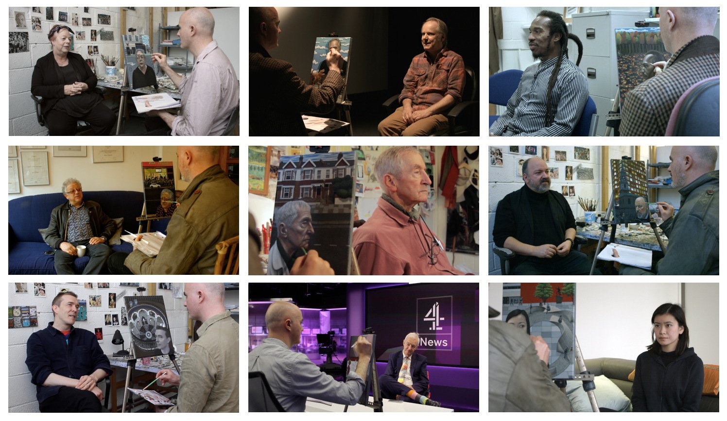  Stills from  ‘London Portraits’  documentary, showing Carl Randall painting &amp; interviewing participants (figures who have contributed to British arts, society &amp; culture).  Watch video here.    Top row:  Comedian Jo Brand, Director Nick Park,