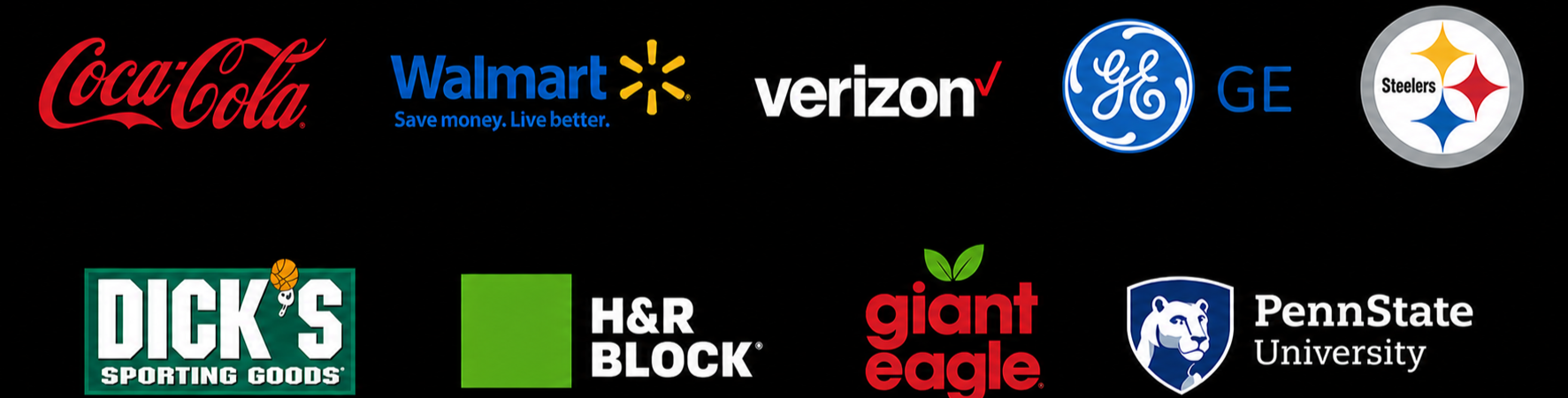 Logos of brands and organizations that have worked with Tim Kutch, including Coca-Cola, Walmart, Verizon, GE, Pittsburgh Steelers, Dick’s Sporting Goods, H&R Block, Giant Eagle, and Penn State University.