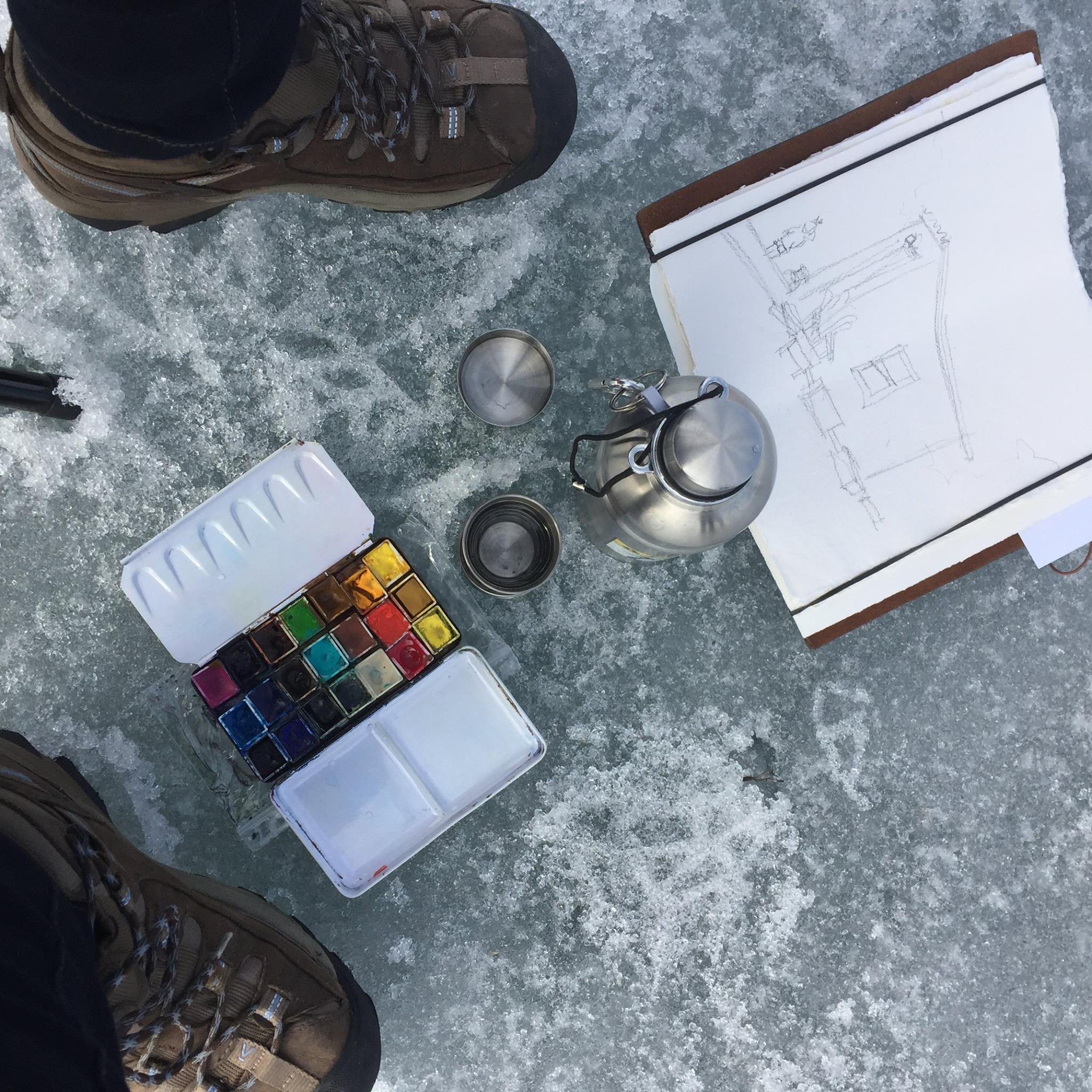 Sketching on ice- White Bear Lake MN ( yes, it is a frozen lake!!!)
