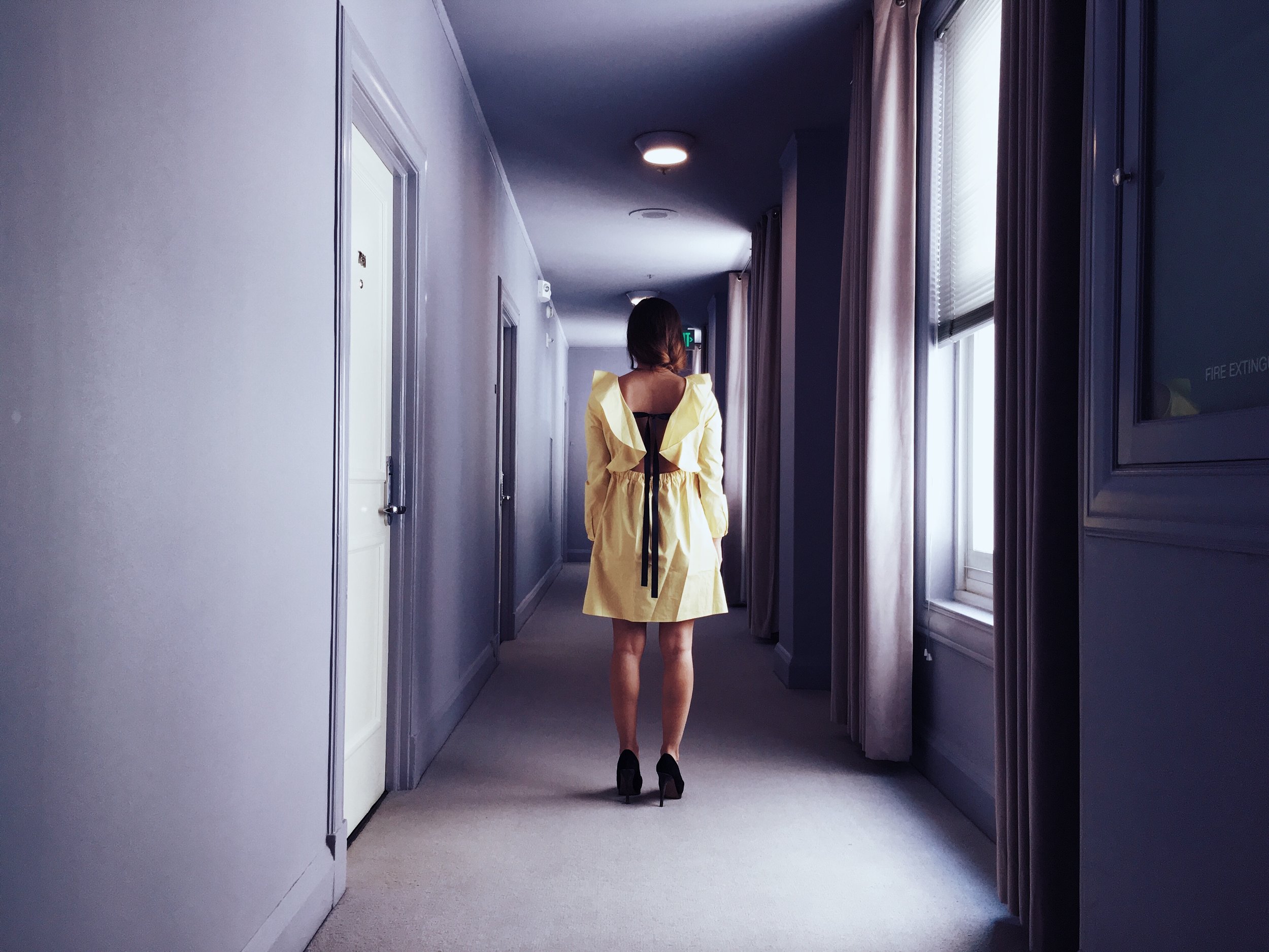 The Clift Hotel corridors. Wearing a Zara dress.