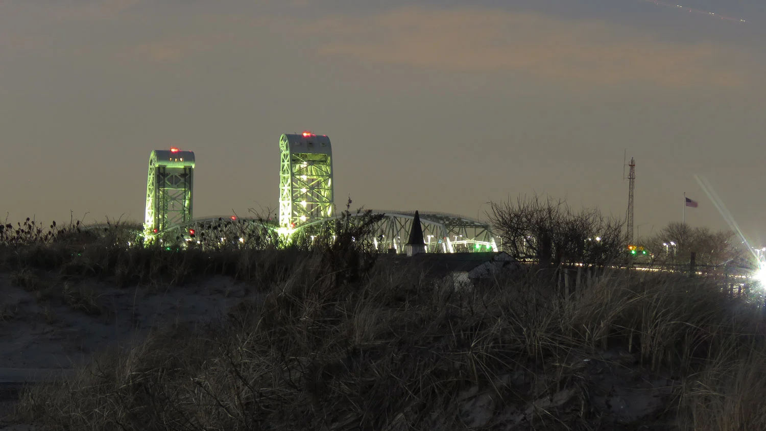 Gil Hodges Bridge after sunset, taken from the beach at Fort Tilden, Queens, February 5, 2019. Time exposure, 15 seconds