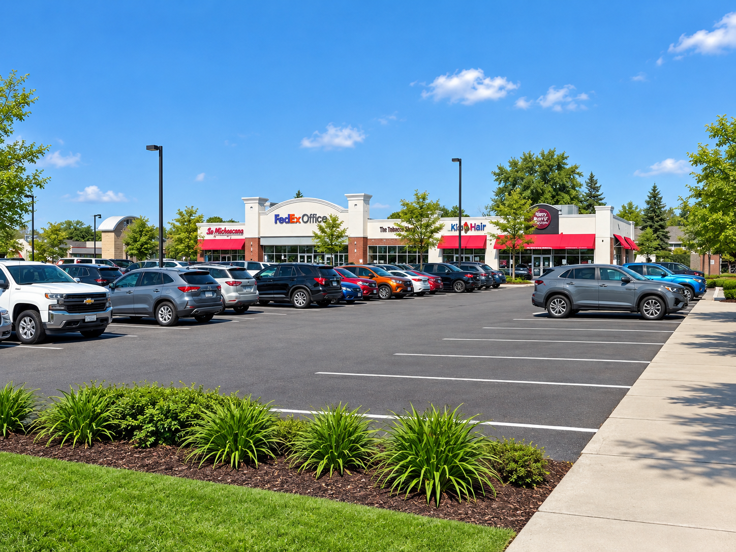 Vibrant Suburban Shopping Center Parking Lot.png