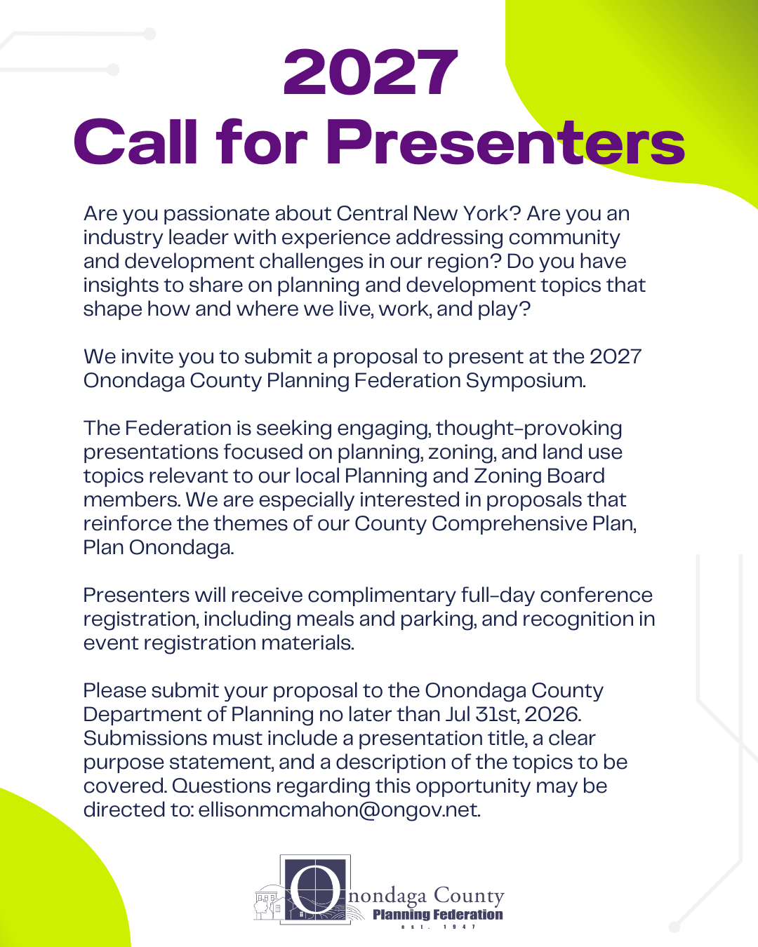 Call for Presenters for the 2027 Onondaga County Planning Federation Symposium.
