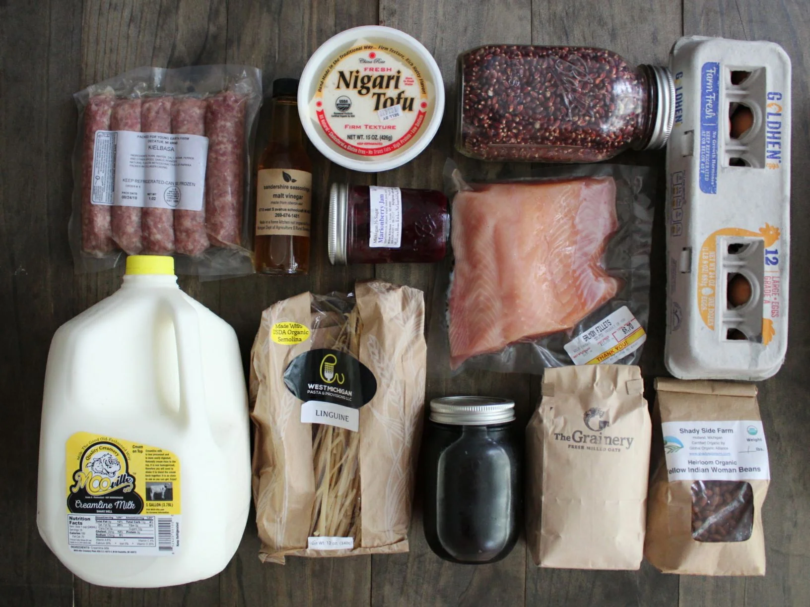 Keilbasa, Malt Vinegar, Tofu, Jam, Popcorn, Salmon, Eggs, Beans, Oats, Maple Syrup, Pasta, Milk
