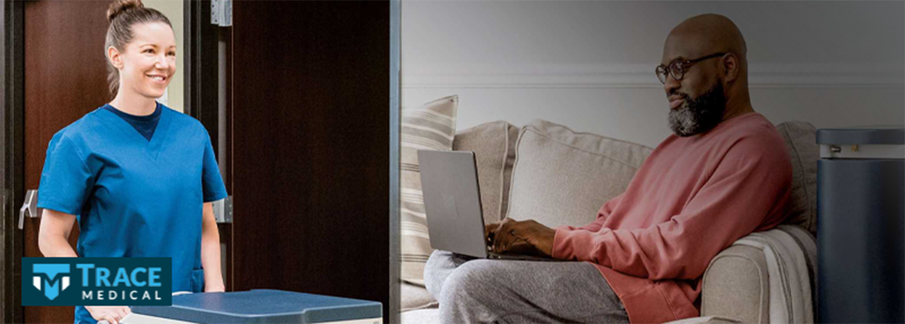 Image of a nurse in scrubs with a home dialysis machine and a man in his home next to a home dialysis machine