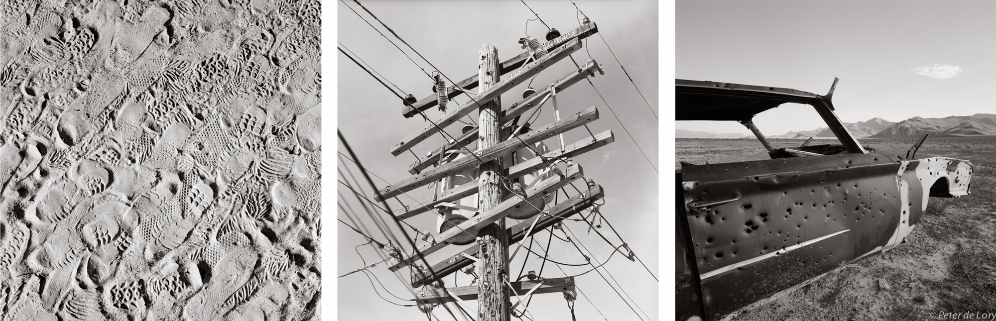 Networking, Power and Communication, Transportation Footprints in the desert, Utah - Power pole, California - Burned and shot up 1960 Ford, Great Basin, Nevada, 1998