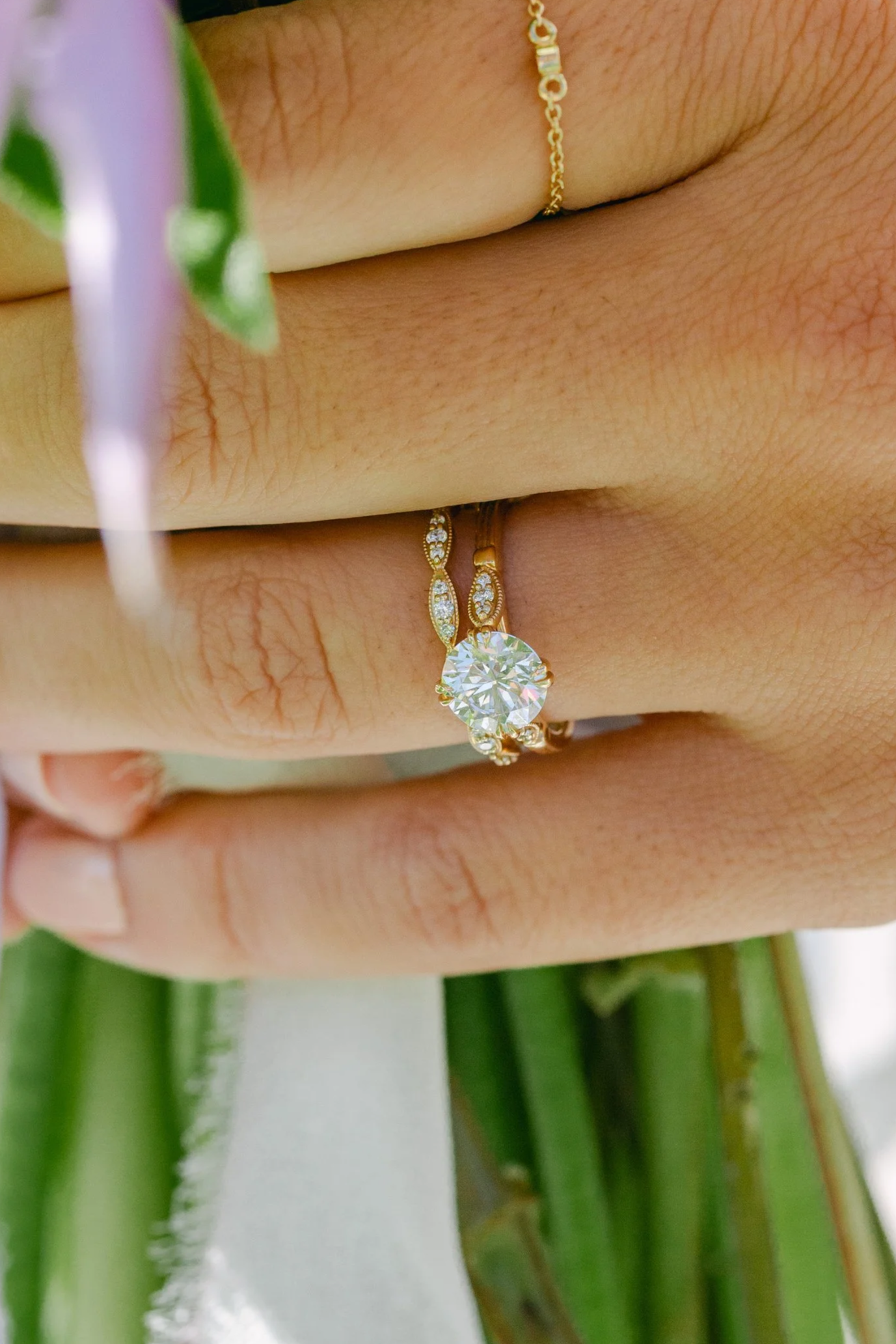 A bride's crowning moment with her custom made wedding ring set in 14k gold, with diamonds by Lady Cromer Jewelry