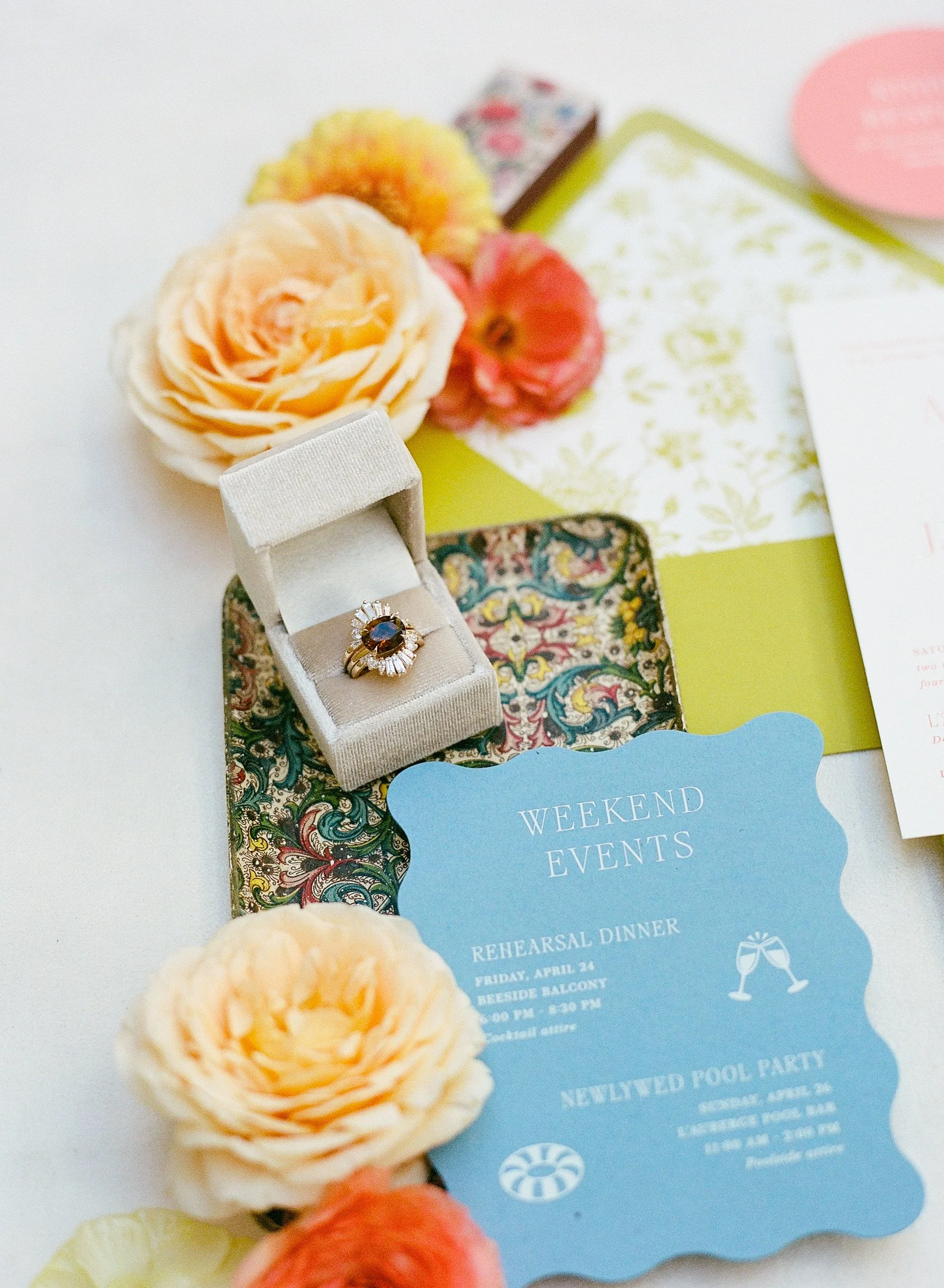 A snapshot of the wedding day ring set, featuring custom designed wedding ring set by Lady Cromer Jewelry. 