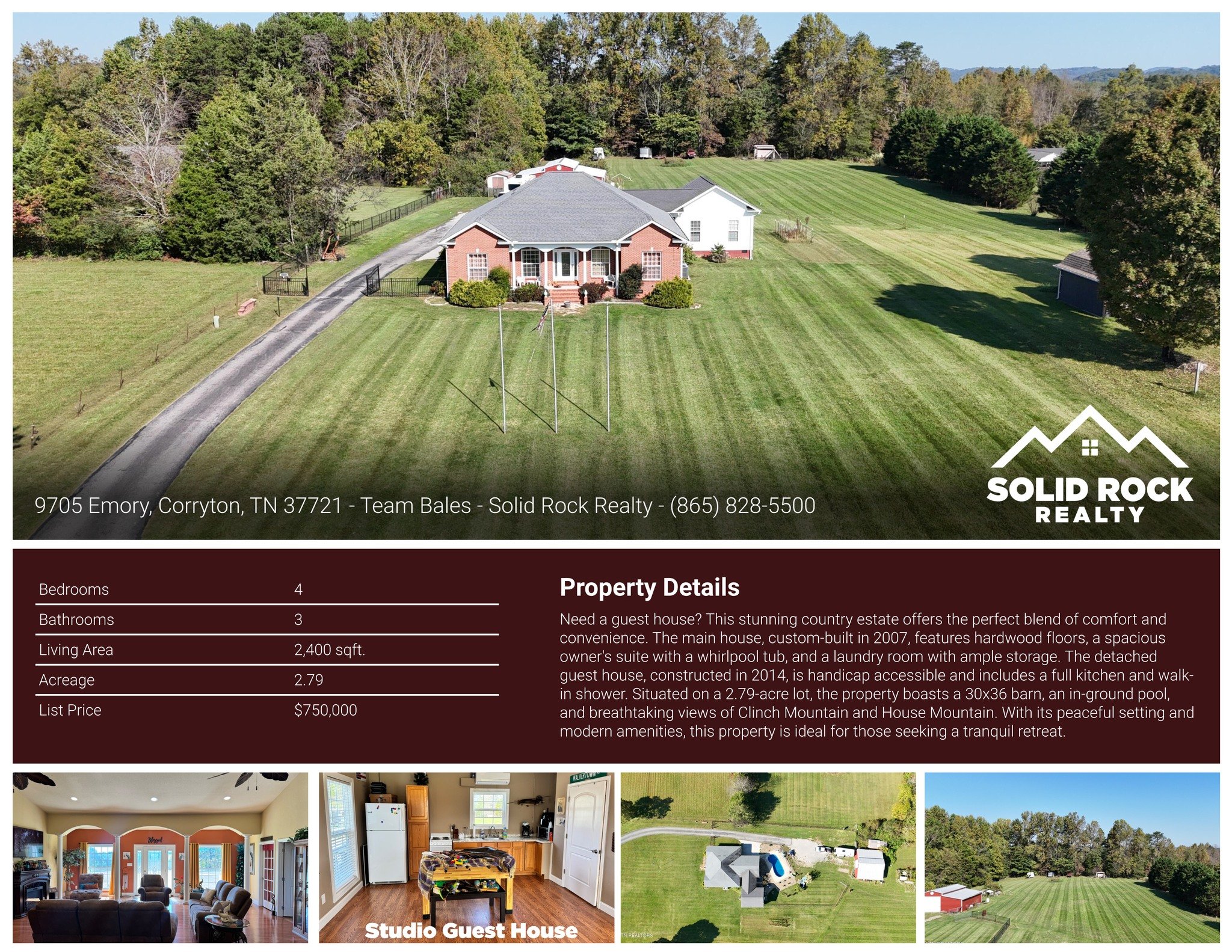 Check this one out. In Corryton with almost 3 acres, detached workshop, in-ground pool, &amp; studio guest house. Team Bales @ Solid Rock Realty (865) 828-5500. 

http://solidrockknox.com/showcase