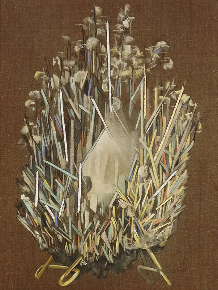 Stibnite oil on linen, silver and gold leaf 24"x18" 2013