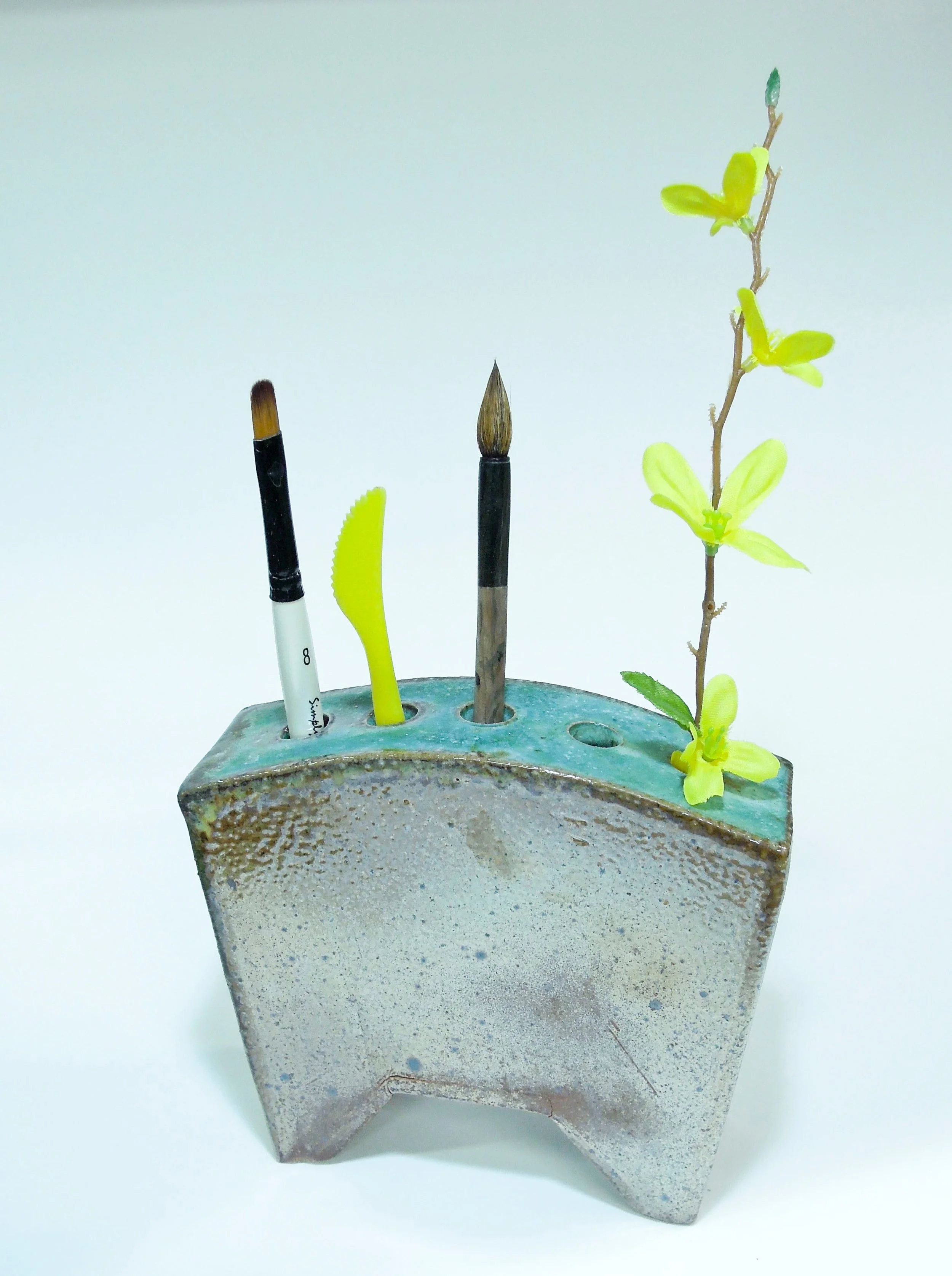 Ikebana Vas e soda fired, brown stoneware with turquoise matte glaze 7” x 7” x 2” 2019