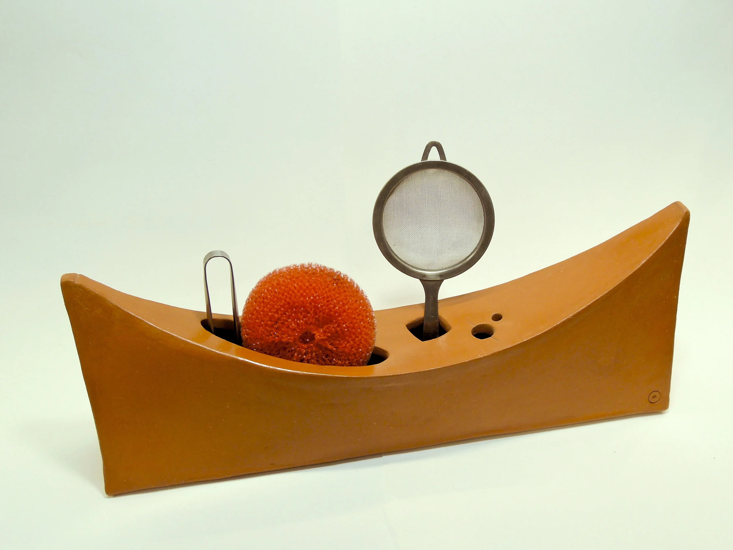 Ikebana Boat Vase terra cotta, burnished, waxed with blue interior glaze 13” x 5” x 3” 2019