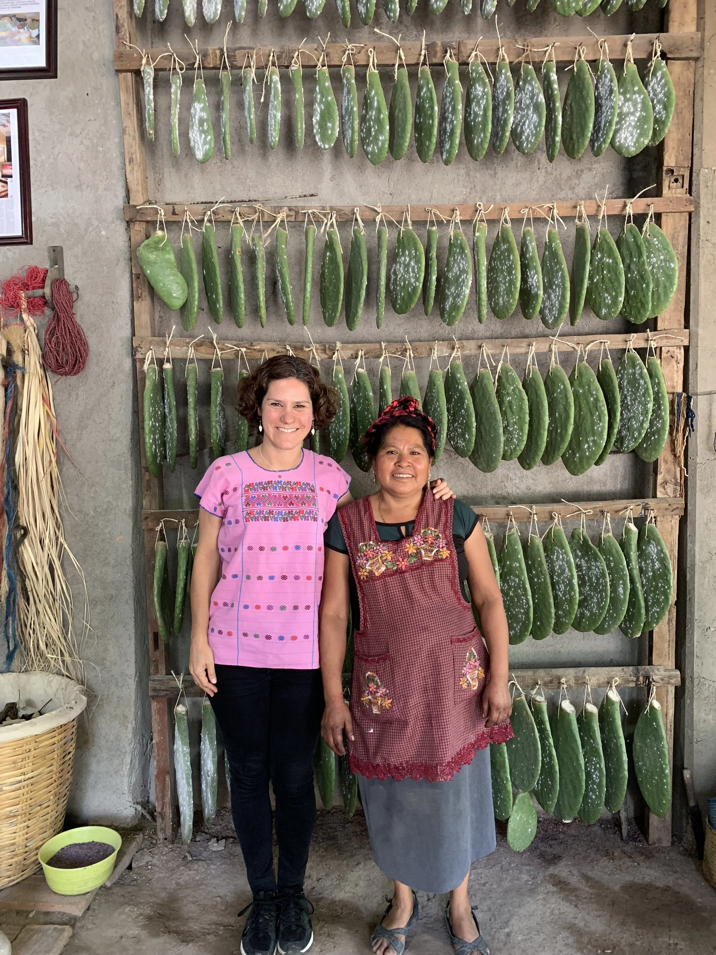 Two women standing in front of a large display of hanging prickly pear cacti, smiling at the camera. One woman is younger with curly hair and wearing a pink embroidered blouse, the other is older with dark hair, wearing a red apron with floral embroidery over dark clothing. The background includes a wall with framed pictures and a basket on the ground.