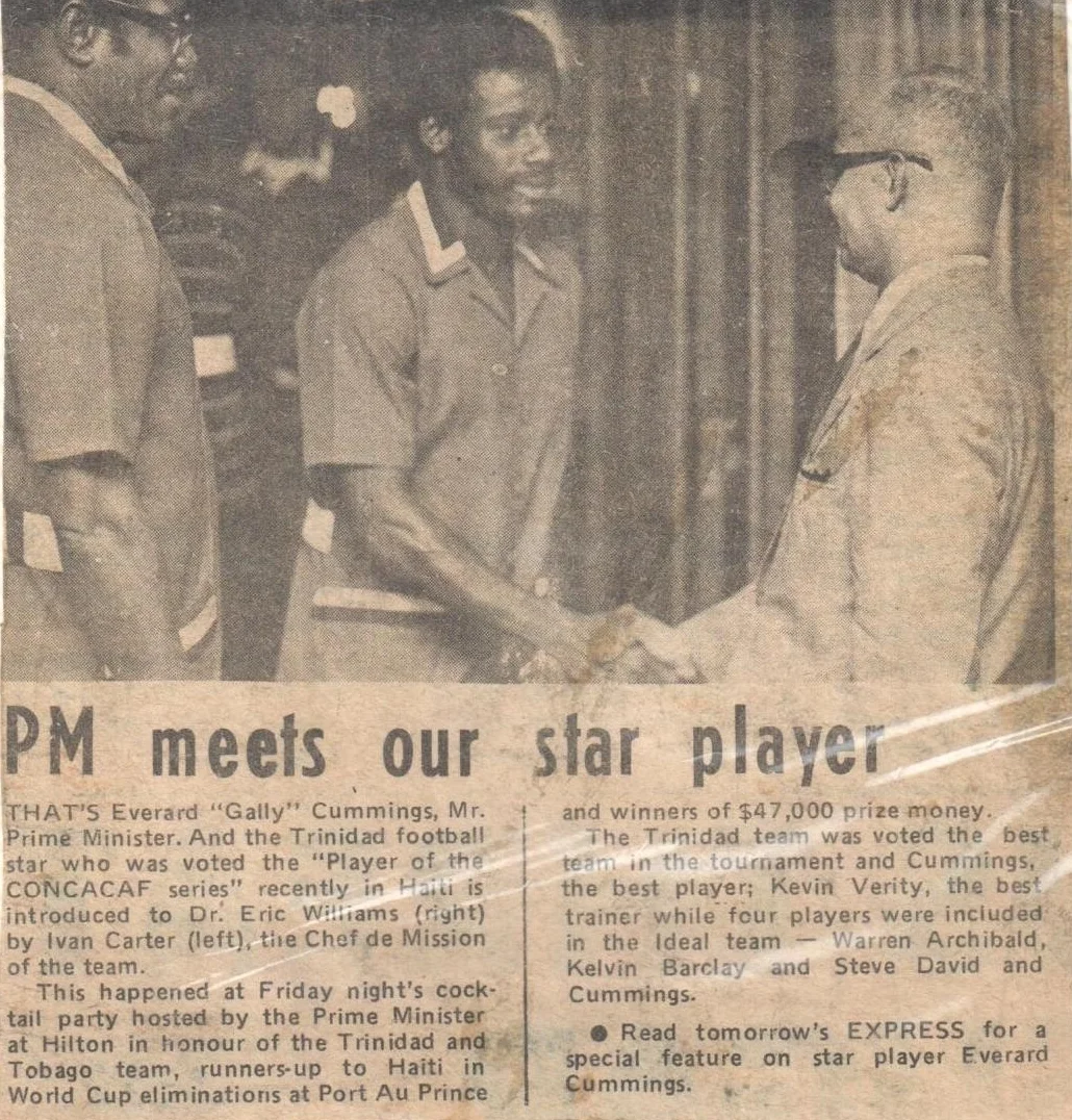 Prime Minister Eric Williams congratulates Everald “Gally” Cummings who was voted the MVP of the CONCACAF World Cup Qualifiers for West Germany 1974.