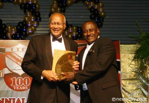President Max Richards presents Everald "Gally" Cummings with a lifetime achievement award for his outstanding contribution to T & T football at the TTFF 100th Anniversary Celebrations (2008).
