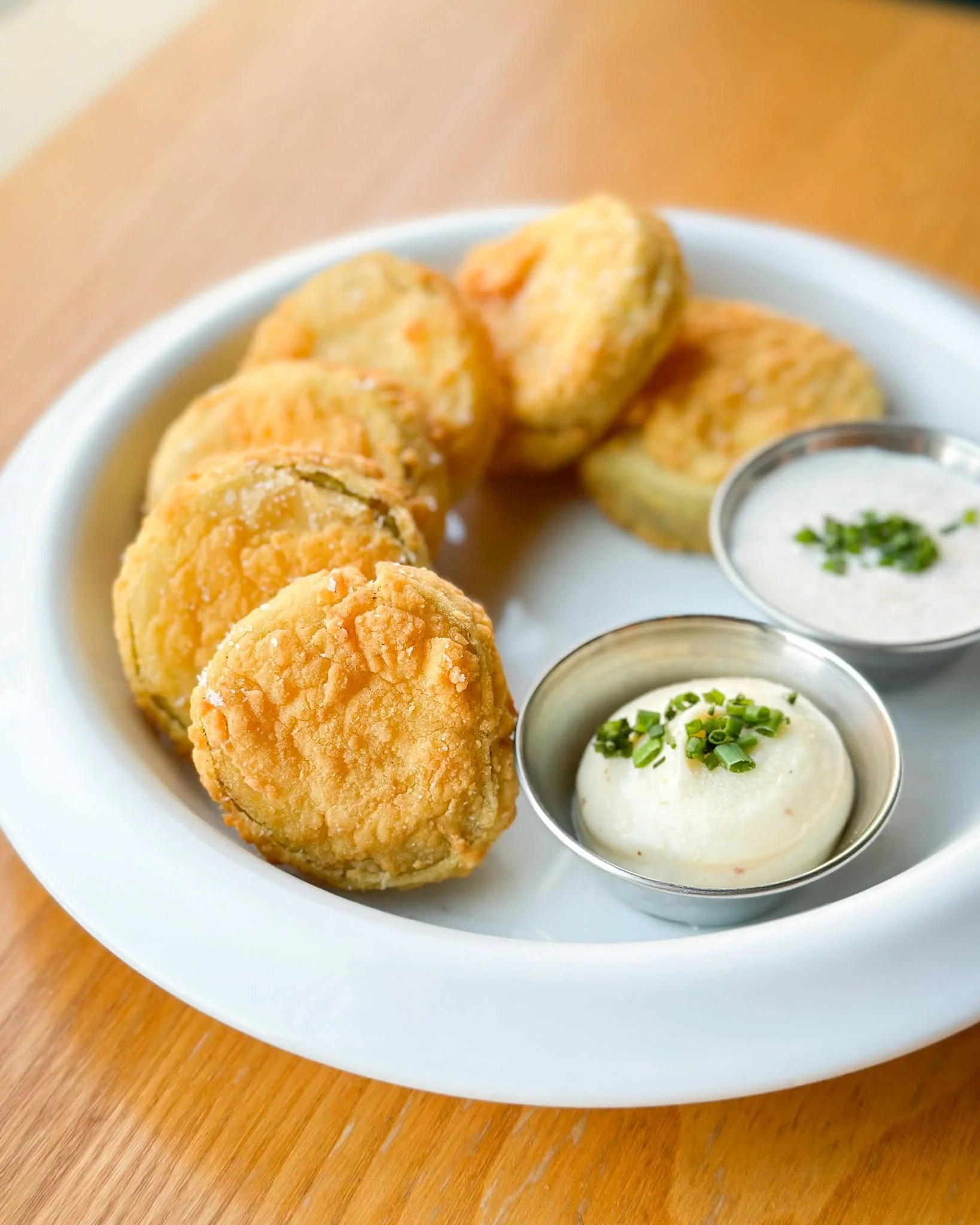 Fried pickle chips with honey mustard and spicy ranch at Moxy in Portsmouth, NH