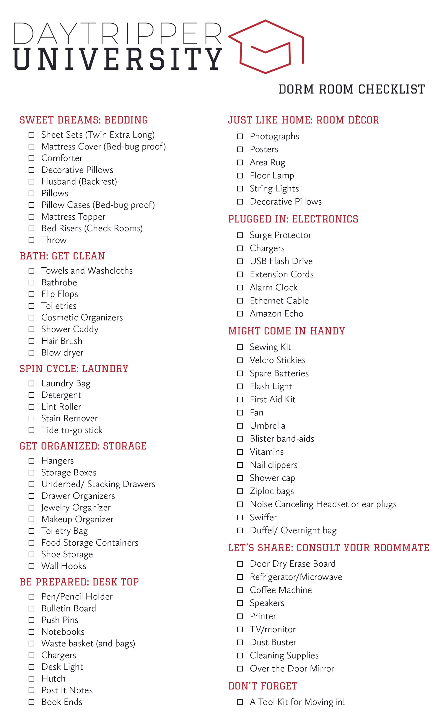 college dorm checklist