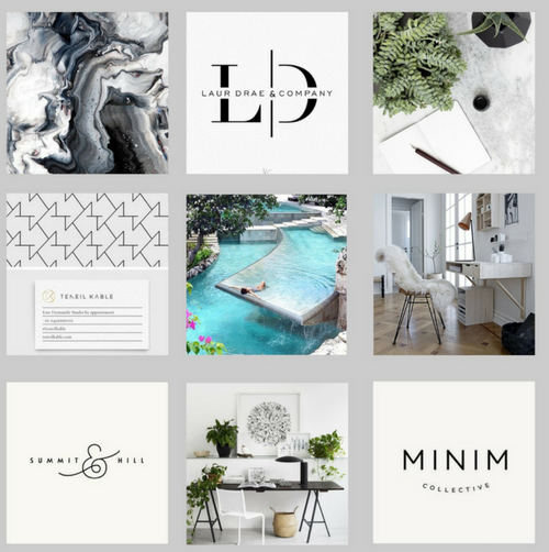 Brand Mood Board: The color palette is clean and modern with black, grey, muted green and a hint of light blue. 