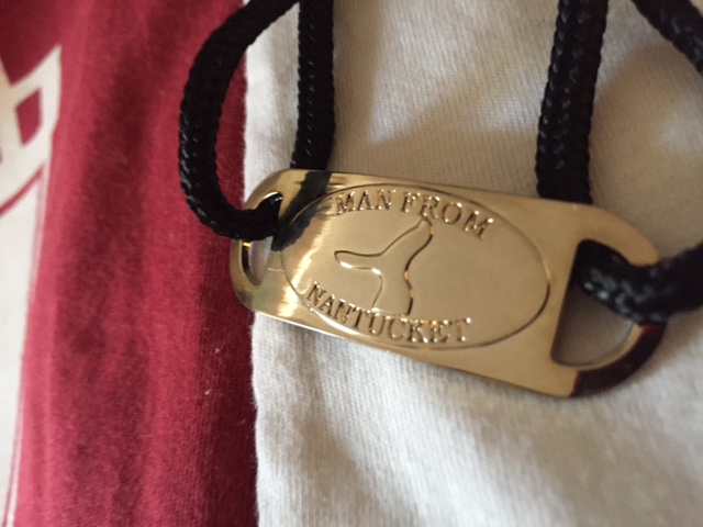 "Man From Nantucket" Faux Medic Alert Bracelet. Adjustable Black waterproof cord. Back simply says, "DELETE BROWSER HISTORY."