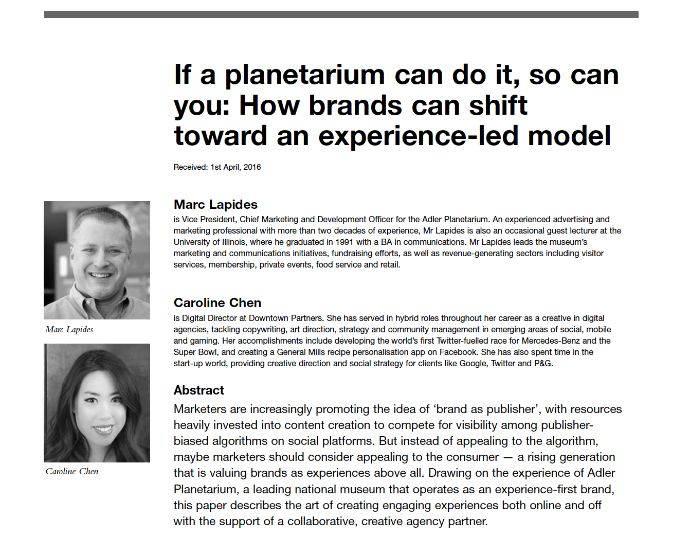 Co-authored a piece with Adler Planetarium VP/CMO Marc Lapides for the Journal of Digital and Social Media Marketing. Take a read here if you're interested in being more experience-led with your marketing.
