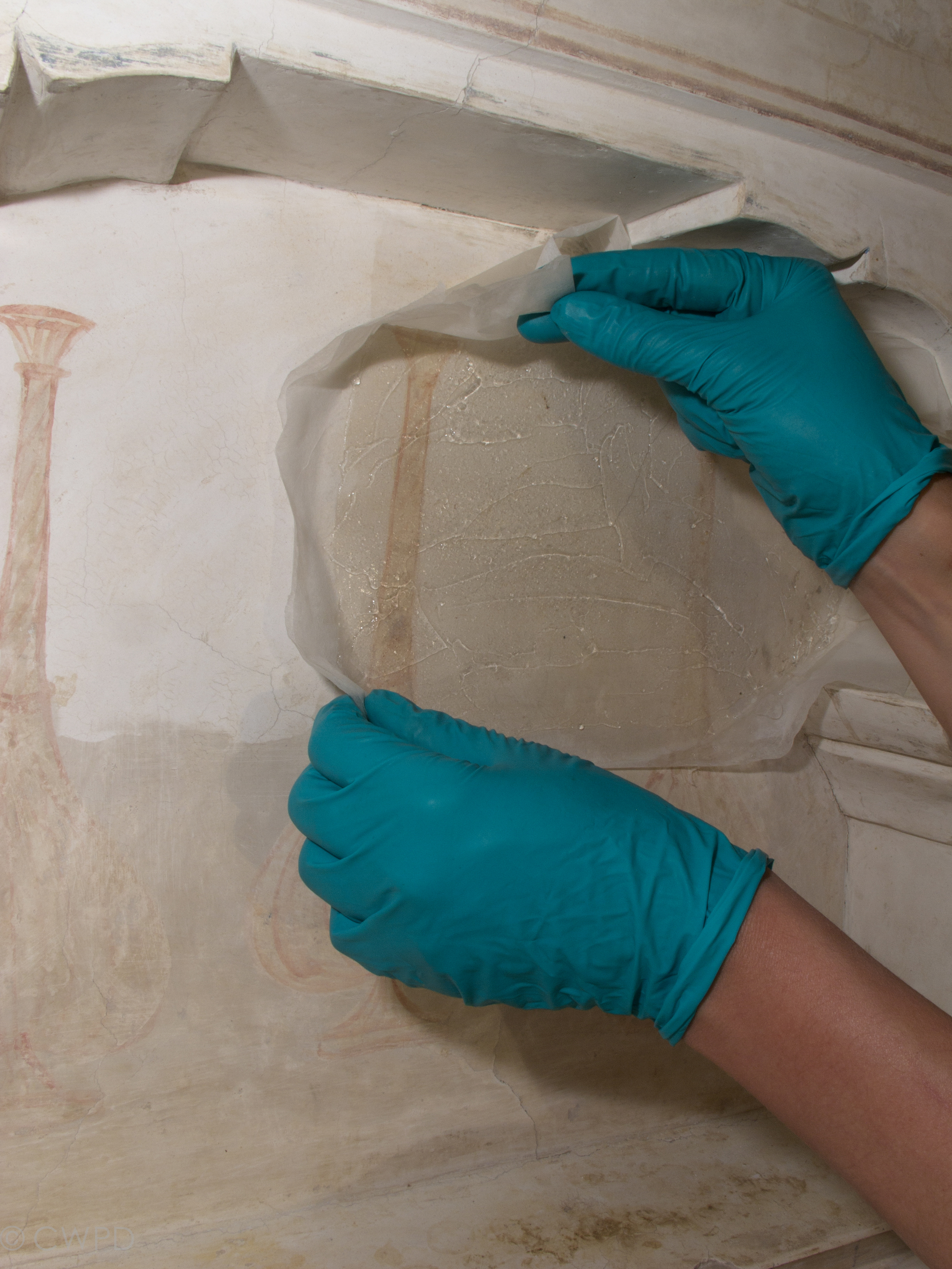  The tissue was then peeled off, removing the gel poultice with it.&nbsp;  Image © Courtauld CWPD 