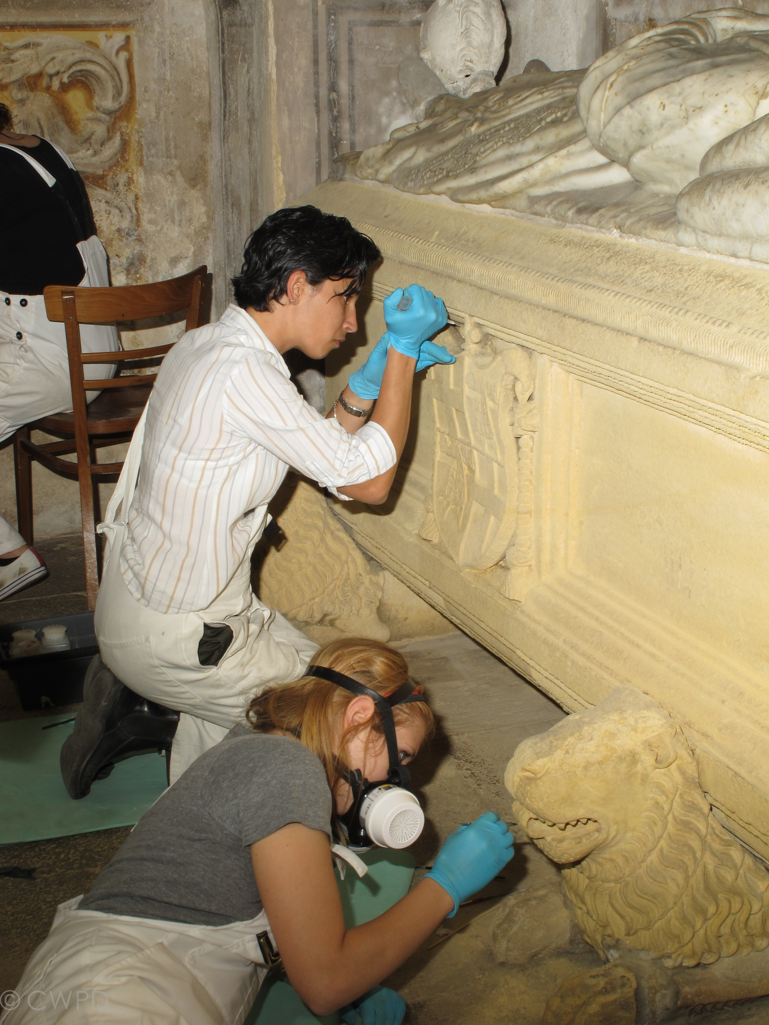  A consolidant was applied to the powdering limestone tomb monuments by syringe and needle.&nbsp;  Image © Courtauld CWPD 